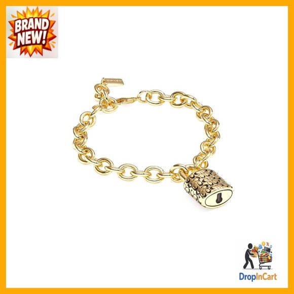 Gold-Tone Link Bracelet Elegant Quilted Padlock Charm Adjustable Lobster Clasp